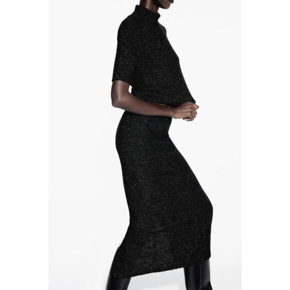 Black Zara Metallic Thread Boucle Elastic Waist Knit Pencil Midi Skirt (NWT) - Picture 4 of 10